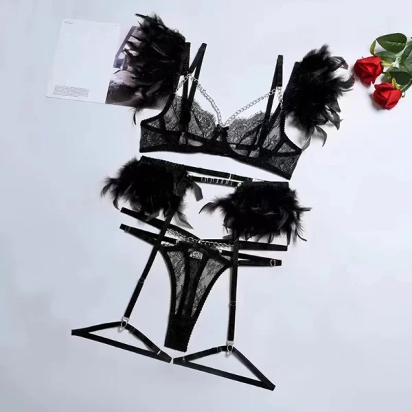 3 peças de penas lingerie sexy feminino luxo rendas conjuntos exóticos corrente de metal - Image 7