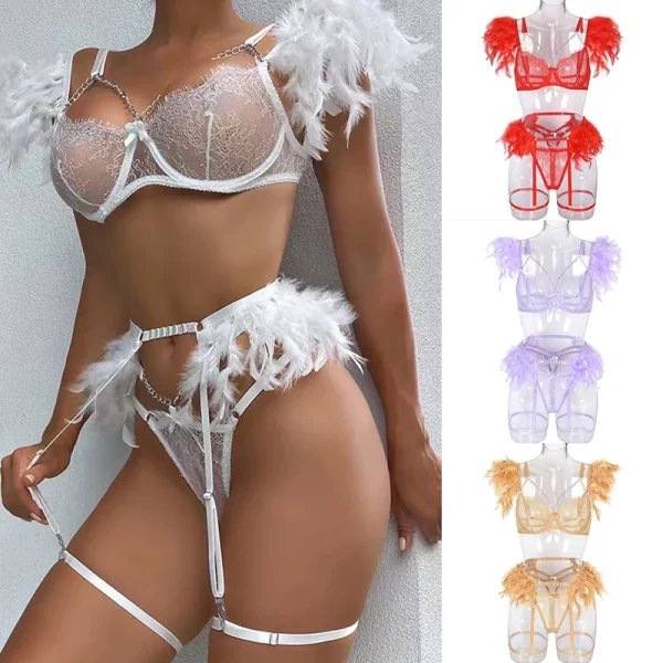 3 peças de penas lingerie sexy feminino luxo rendas conjuntos exóticos corrente de metal - Image 11