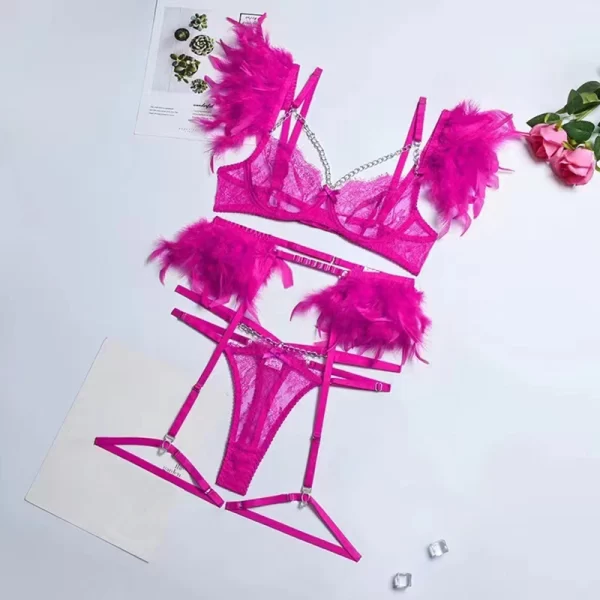 3 peças de penas lingerie sexy feminino luxo rendas conjuntos exóticos corrente de metal - Image 10