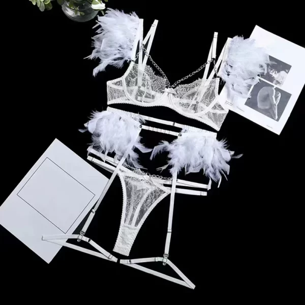 3 peças de penas lingerie sexy feminino luxo rendas conjuntos exóticos corrente de metal - Image 5